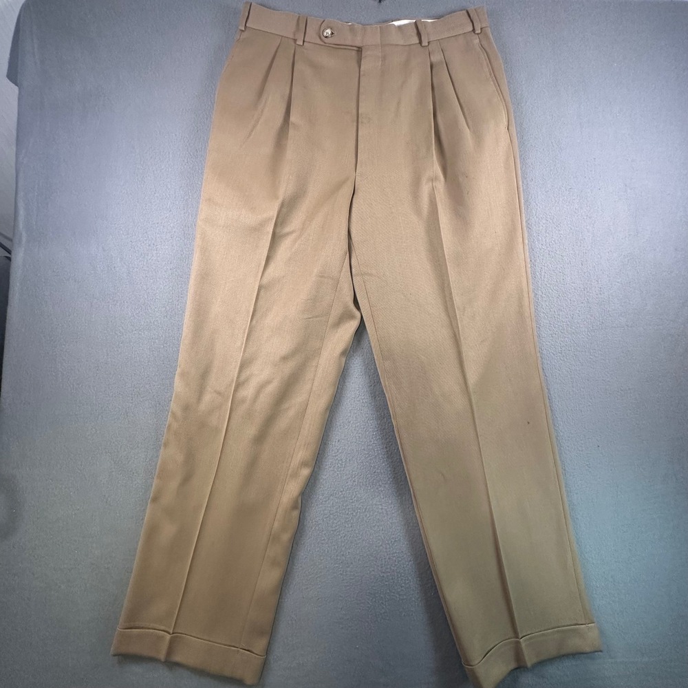 Holland & Sherry Savile Row London Pleated Trousers Tan Khaki Dress Pants 35x32